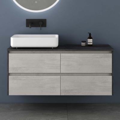 doporro® Badmöbel-Set Badezimmerschrank Waschbeckenunterschrank in Beton BxTxH 1200x480x516mm inkl. Minralguss-Waschbecken in weiß Wandmontage Normal