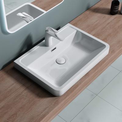 doporro® Einbauwaschbecken Waschbecken 600x420x145 mm Eckig Waschtisch aus Mineralguss Weiß mit Überlauf und Armaturloch Colossum08
