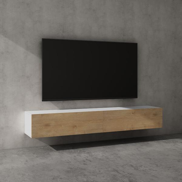 doporro® TV Lowboard TV-Schrank Fernsehschrank Holz 200 cm in matt Weiß und  Kerneiche Hängend oder Stehend Fernsehtisch, TV-Regal für Fernseher  Fernsehschrank02